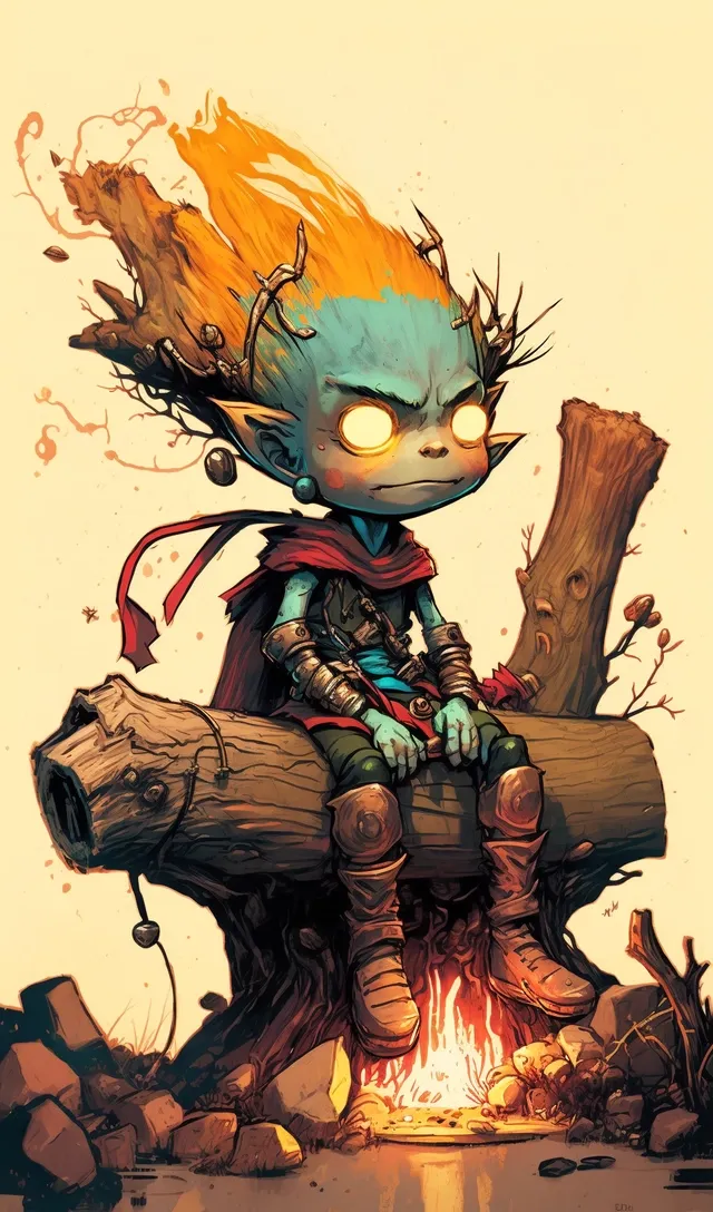 Example output: a wise old fire elf, hair made of fire, with a magical staff, resting on a log. Skottie Young comic artwork.