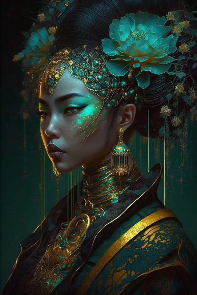 Example output: geisha malachite and yellow, bioluminescent filigree, beautiful, bloomcore indigenogoth