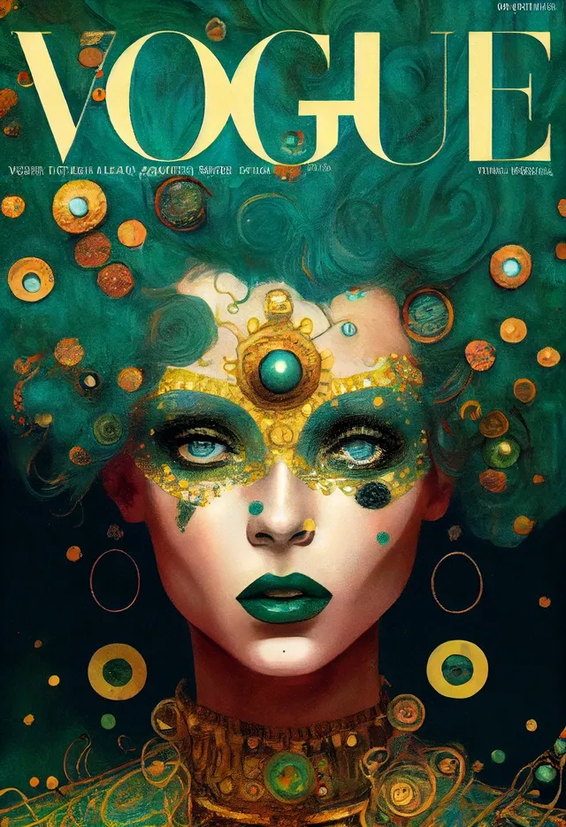 Example output: VOGUE magazine cover, MALACHITE-punk inspired by a fusion of Gustave Klimt + Jean-Baptiste Monge
