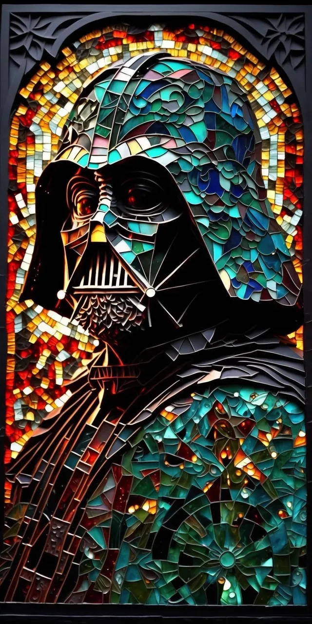 Example output: amazing colorful stained-glass mozaic with front portrait of darth vaidor in star wars theme, back light, malachite, 32k