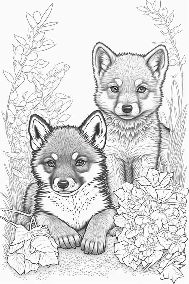 Example output: black and white adult coloring book illustration, cute wolf cubs playing, nature