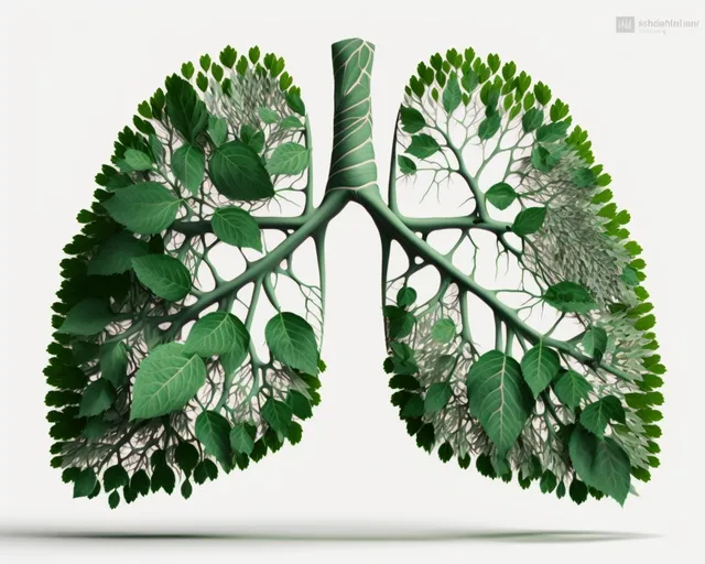 Example output: digital collage of human lungs made of anormous amount of green garden and meadow leafs