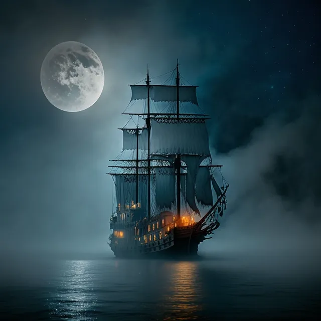 Example output: ghost ship, foggy night with moon lighting up the sky
