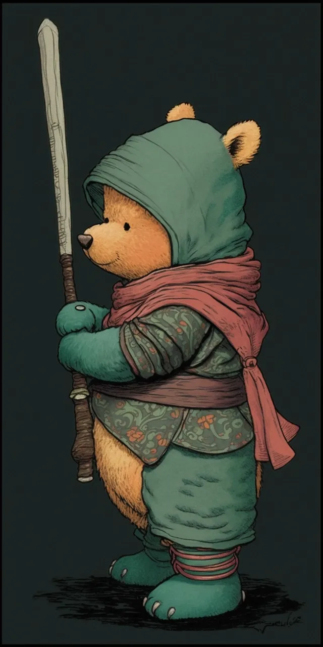 Example output: Illustration of Winnie-the-Pooh like samurai by E.H. Shepard in pastel colors, dark background, malachite
