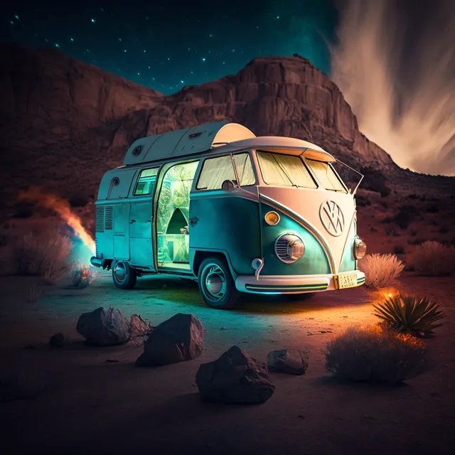 Example output: volkswagen, transporter, futuristic, glow, light flare, camping