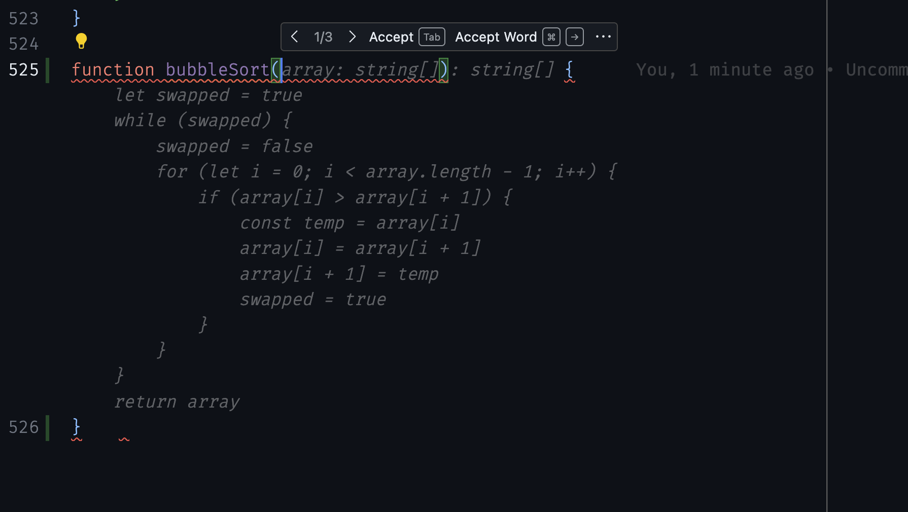 When creating a multi line completion with a suffix in the same line, the closing