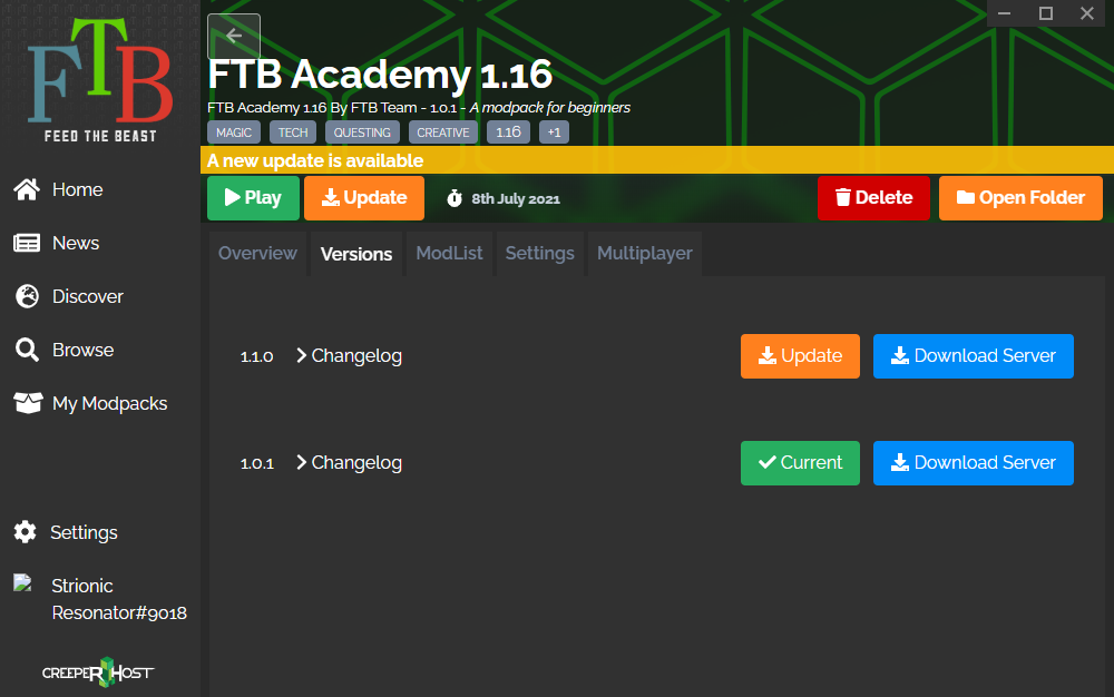 [Bug]: Cannot update FTB Academy 1.16 to v1.1.0 from v1.0.1 · Issue ...