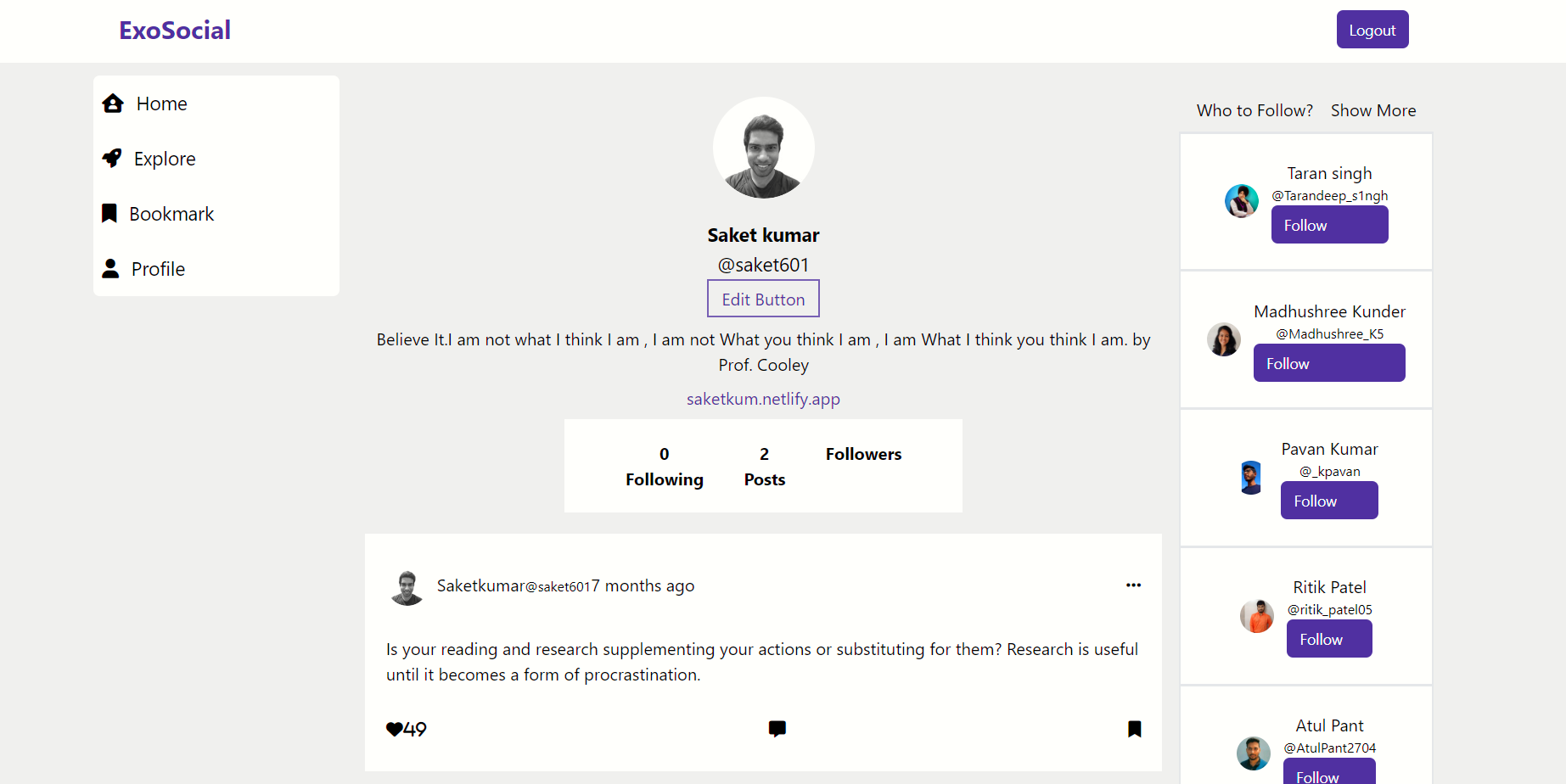 GitHub - saketkum11/exosocial: A social Media app for poeple to connect