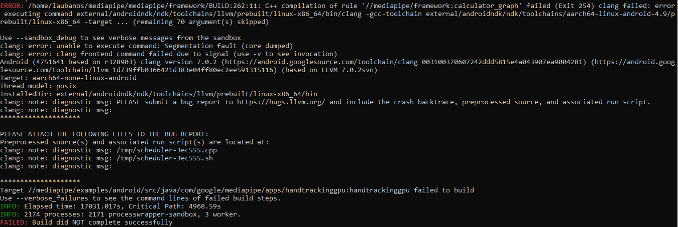 Segmentation fault when building an Android hand tracking gpu app on ...