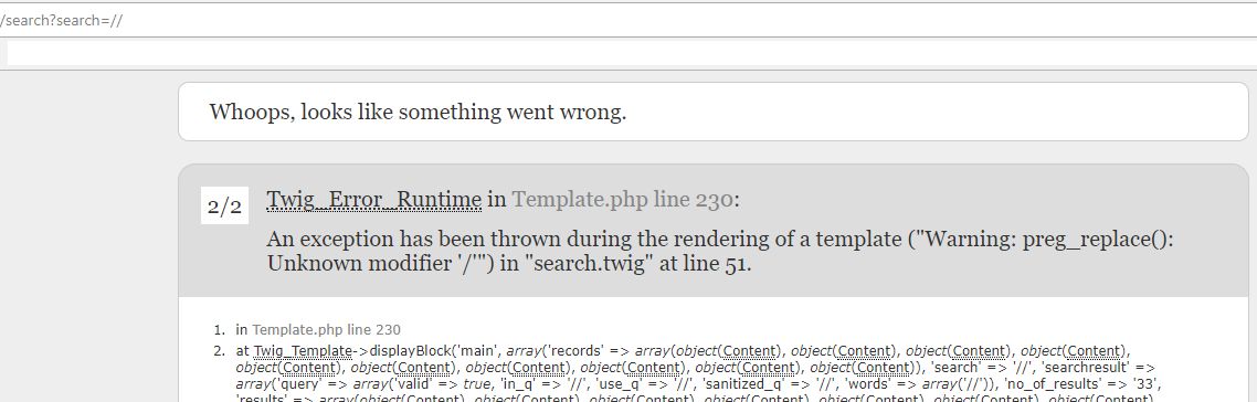 Searching for certain types of strings will result in an exception ...