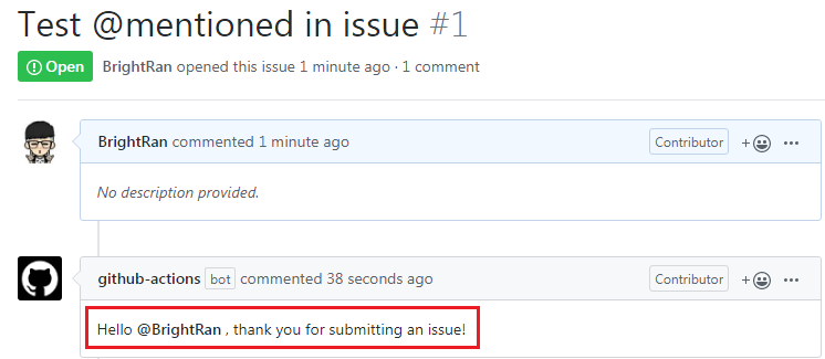 Github Actions greetings.yaml addressing the issue opener directly by ...
