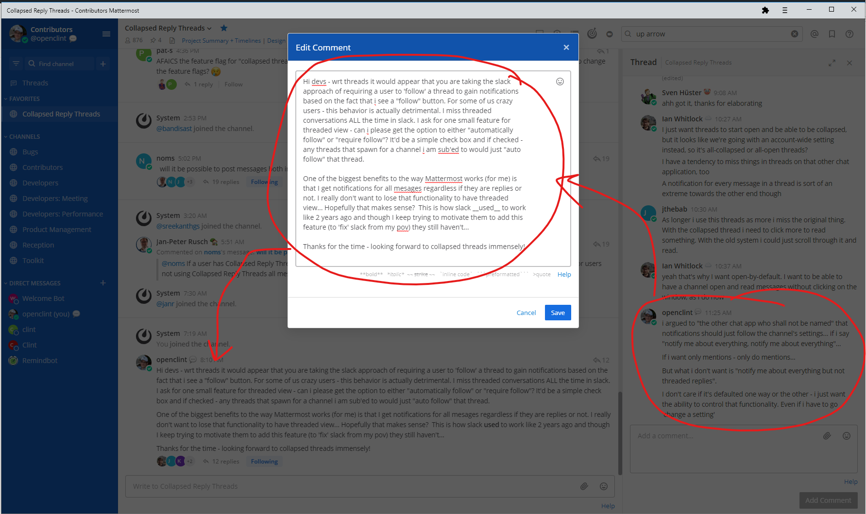 collapsed thread up arrow edits main posting not last reply · Issue 17641 · mattermost