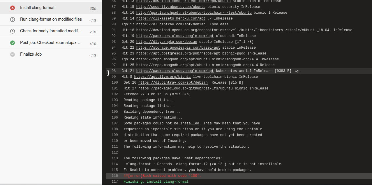 CI: clang format pipeline failing -- Unable to install git-clang-format ...