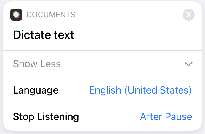 Shortcuts: Text dictation provides options for when to stop, which language is being spoken.