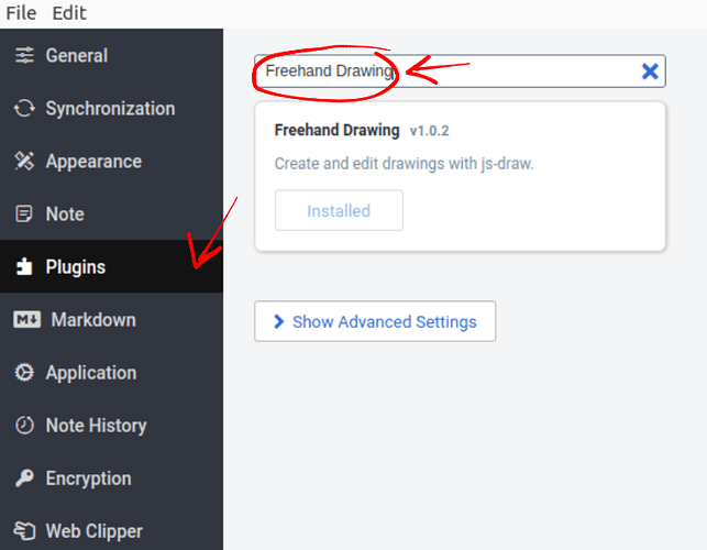 screenshot of the search bar and results in the plugins tab. Freehand Drawing // create and edit drawings with js-draw is the only visible result.
