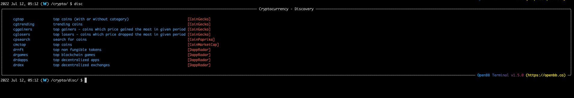 Cryptocurrency Discovery Menu