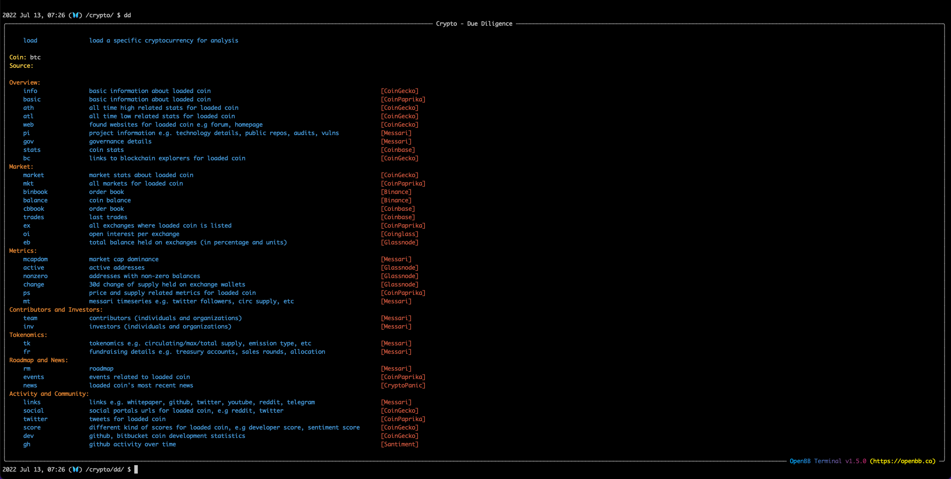Cryptocurrency Due Diligence menu
