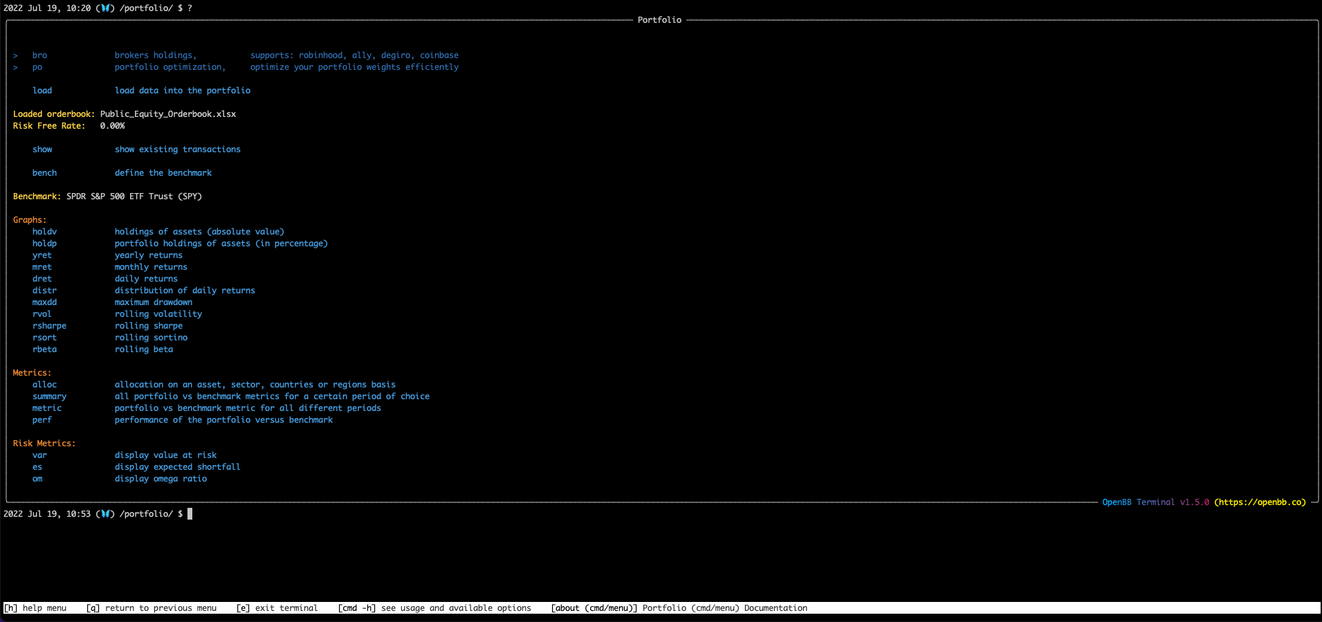 Portfolio Menu after loading Portfolio and Benchmark