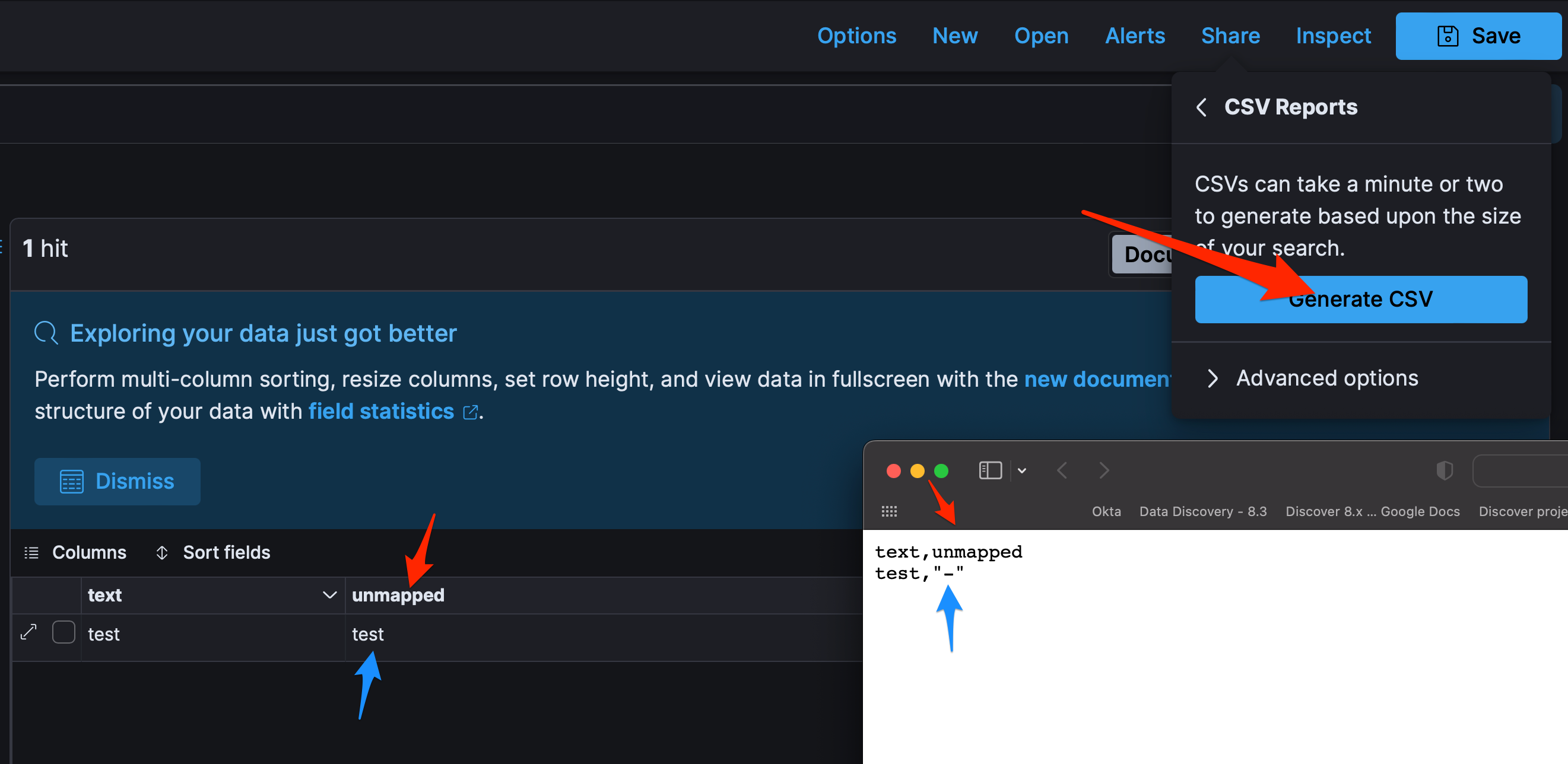 [Reporting] CSV Export shows no data when an unmapped field is used as ...