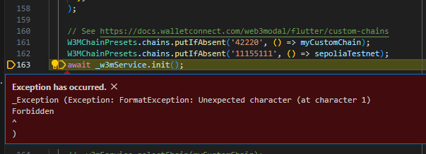 unexpected Char. foridden · Issue #46 · WalletConnect/Web3ModalFlutter ...
