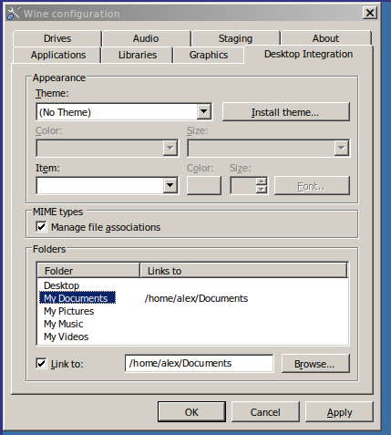 settings the Documents folder manually in winecfg