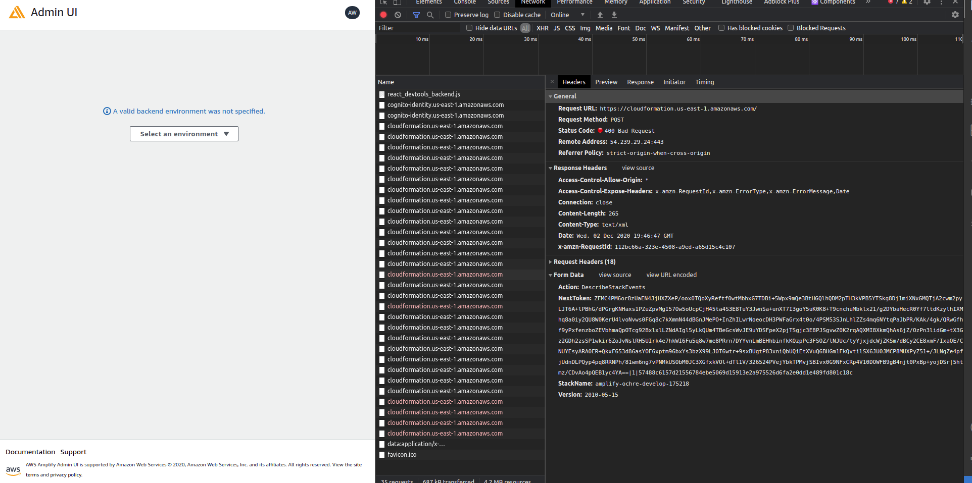DescribeStackEvents throttling, potential cause of "A valid backend