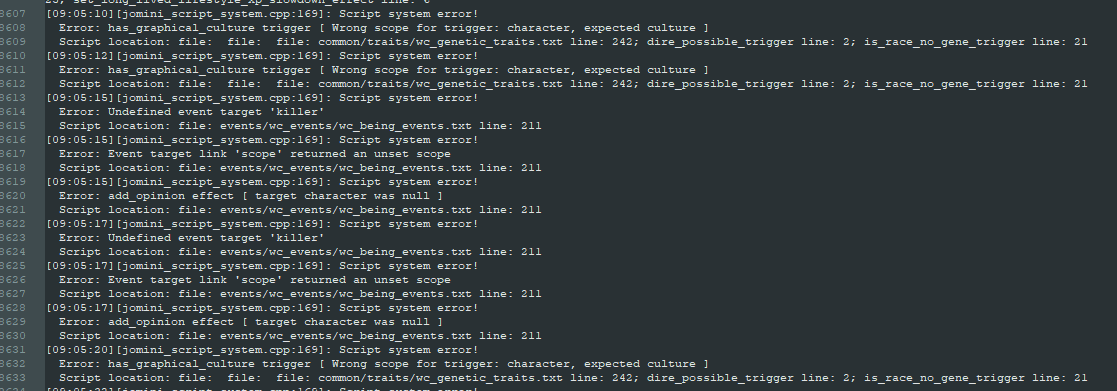 errorspam from wc_being_events.txt and wc_genetic_traits.txt · Issue ...