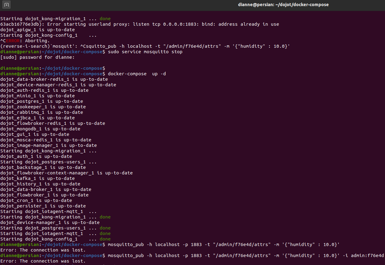 Unnable to publish with mosquitto_pub · Issue #1474 · dojot/dojot · GitHub