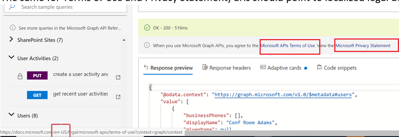 Url for “Microsoft Graph API References and API terms of reference ...