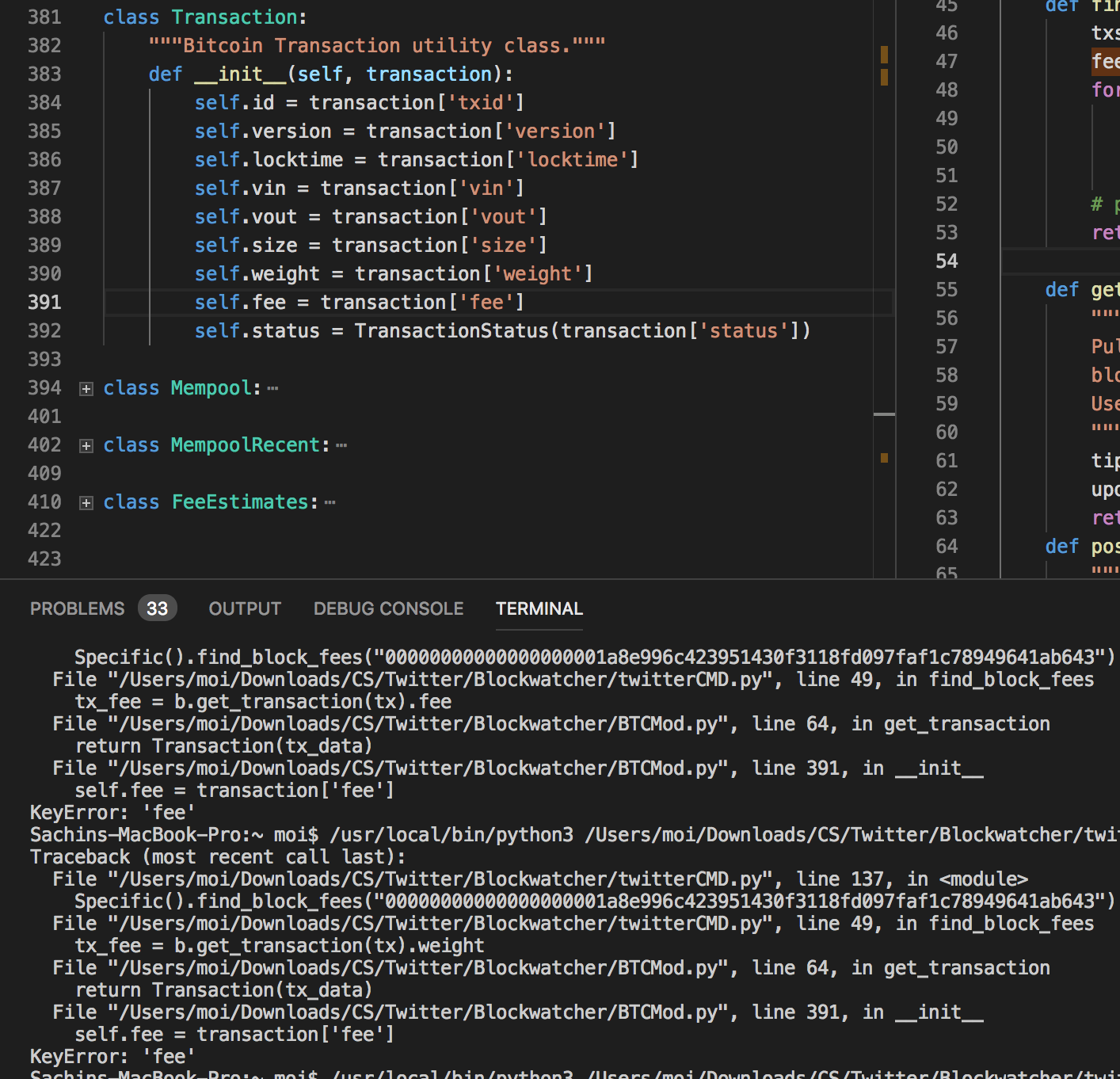 Encountering KeyError for 'fee' in the Transaction dict. [Picture of