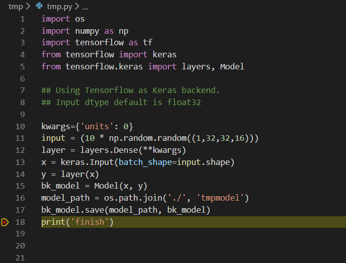 Tensorflow can run and build model with the corner case `Dense(unit=0 ...