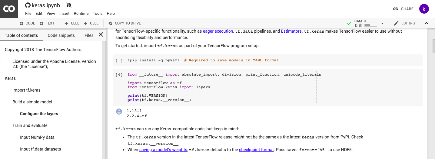 Keras code in colab from tensorflow.org is not showing tensorflow ...