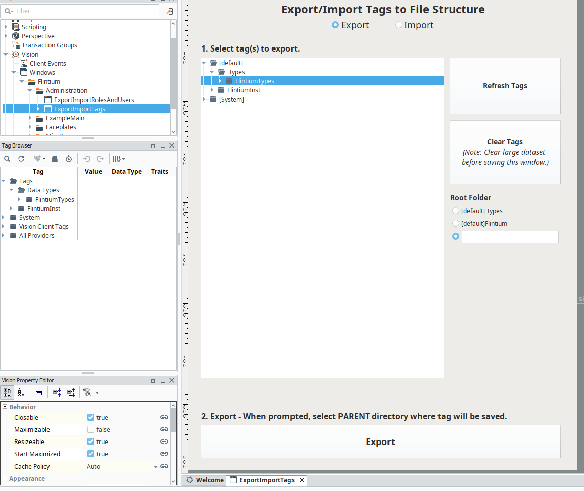ExportImportTags Tool, Export Example, FlintiumTypes Selected