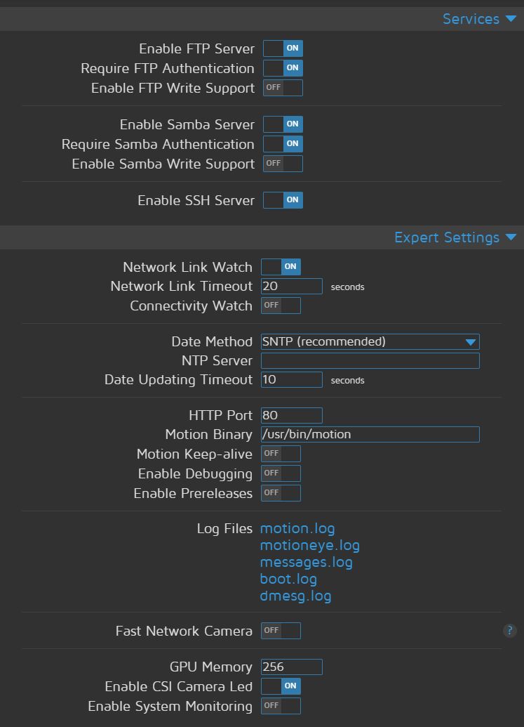 Some Menue Items ( File Storage, Motion detection, Text Overlay, etc