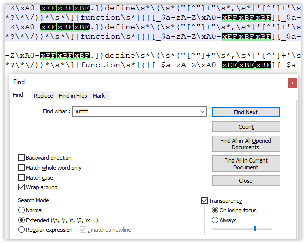 Extended Search not working for HEX search for higher characters ...