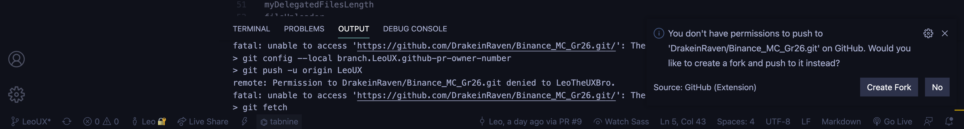 Not Permitted to push to github through vscode, tried pull request same ...