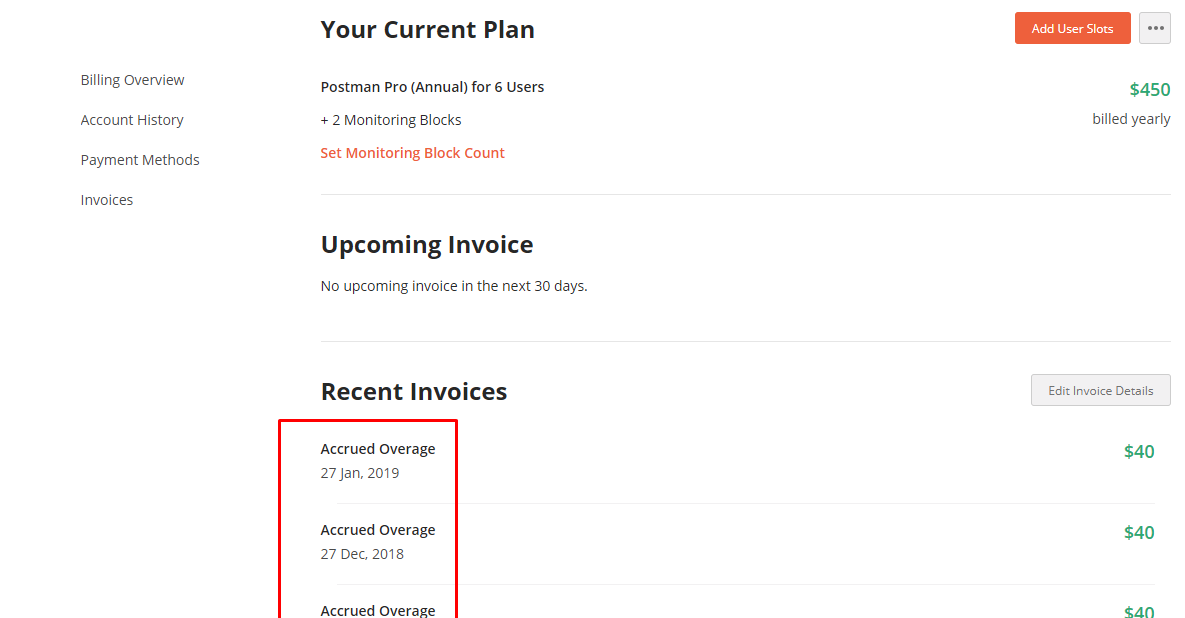 Monitoring Blocks shown as Overage Charge in dashboard and Receipt · Issue 5875 · postmanlabs