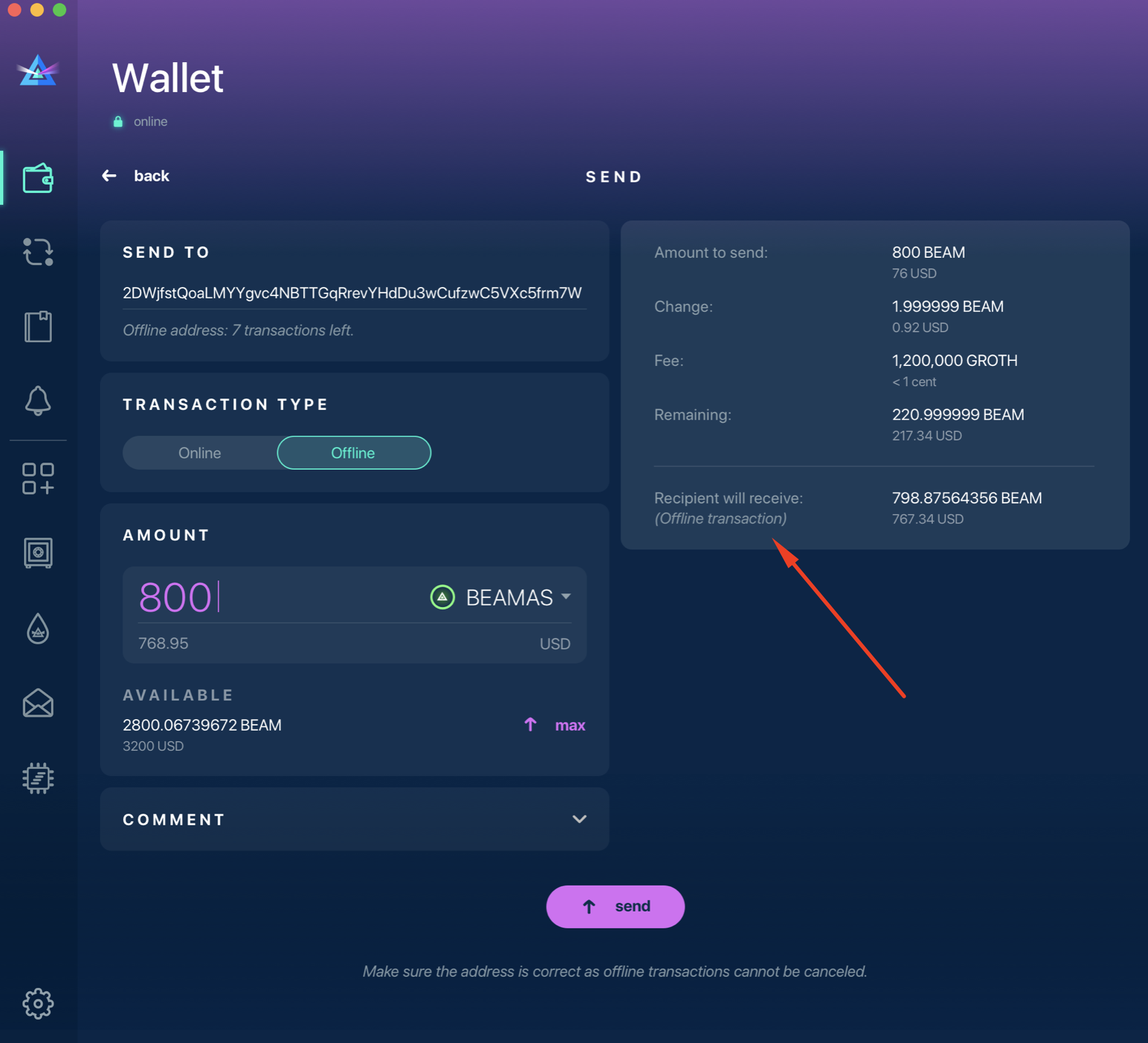 Display how much funds receiver gets via online and offline