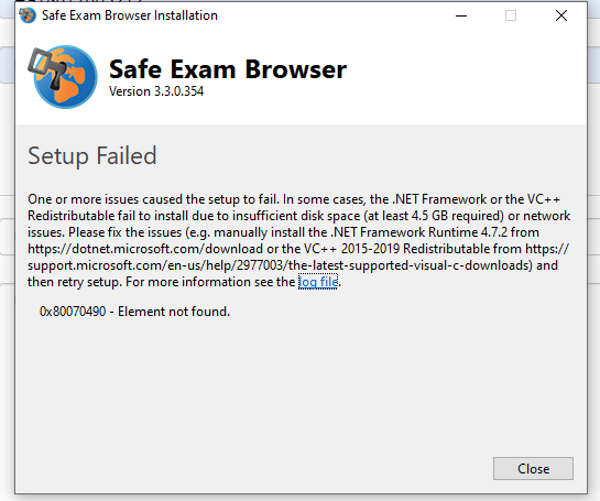 Installation Setup Failed for SEB v3.3.0.354 error "0x80070490- Element ...
