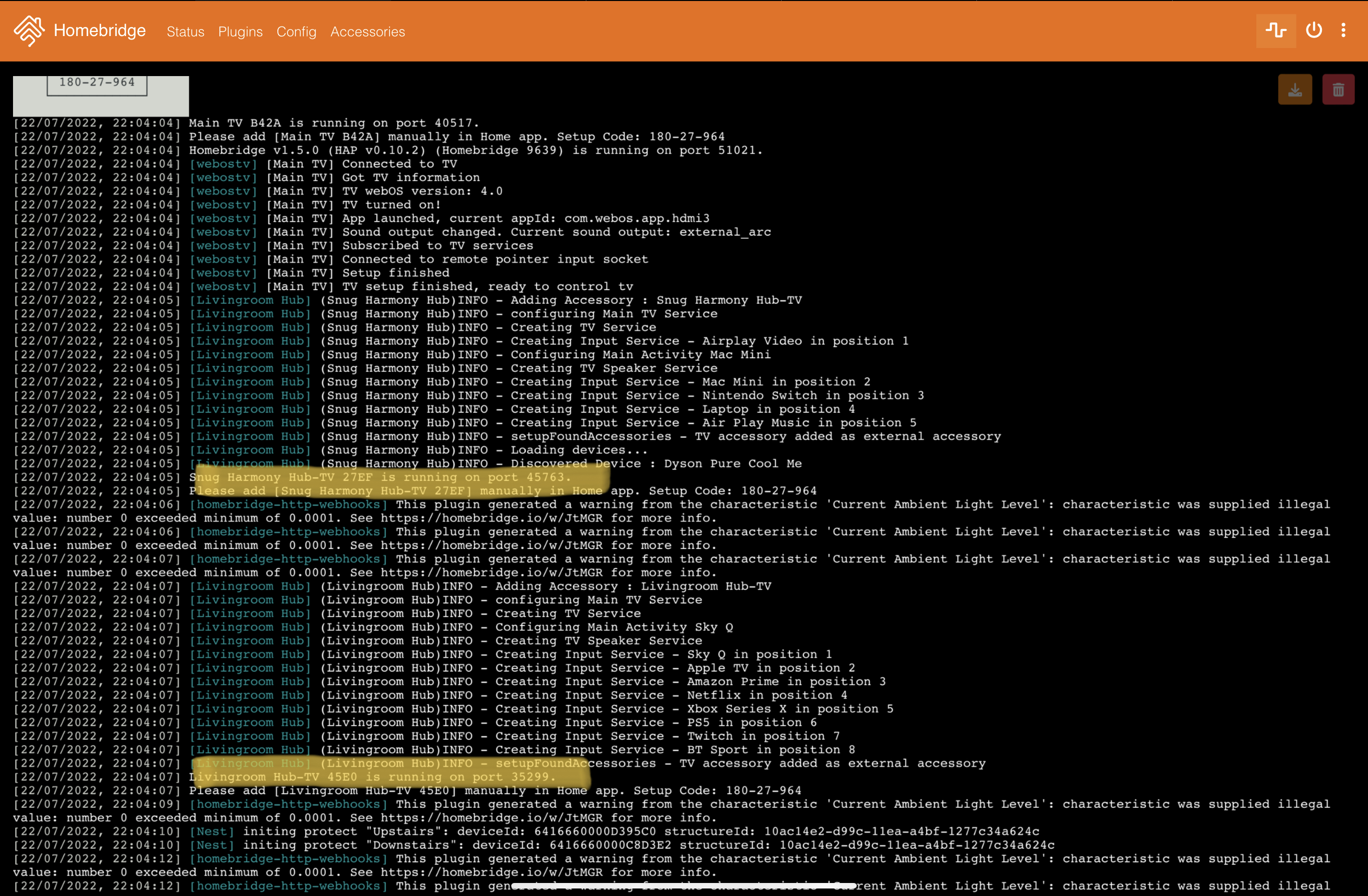 “Ports” configuration ignored for Homebridge-Harmony external ...