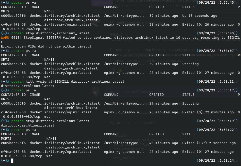 [Error] Can't stop containers with podman (rootless install on Steam