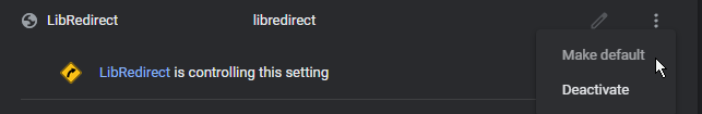 Can't make libredirect default search engine, 