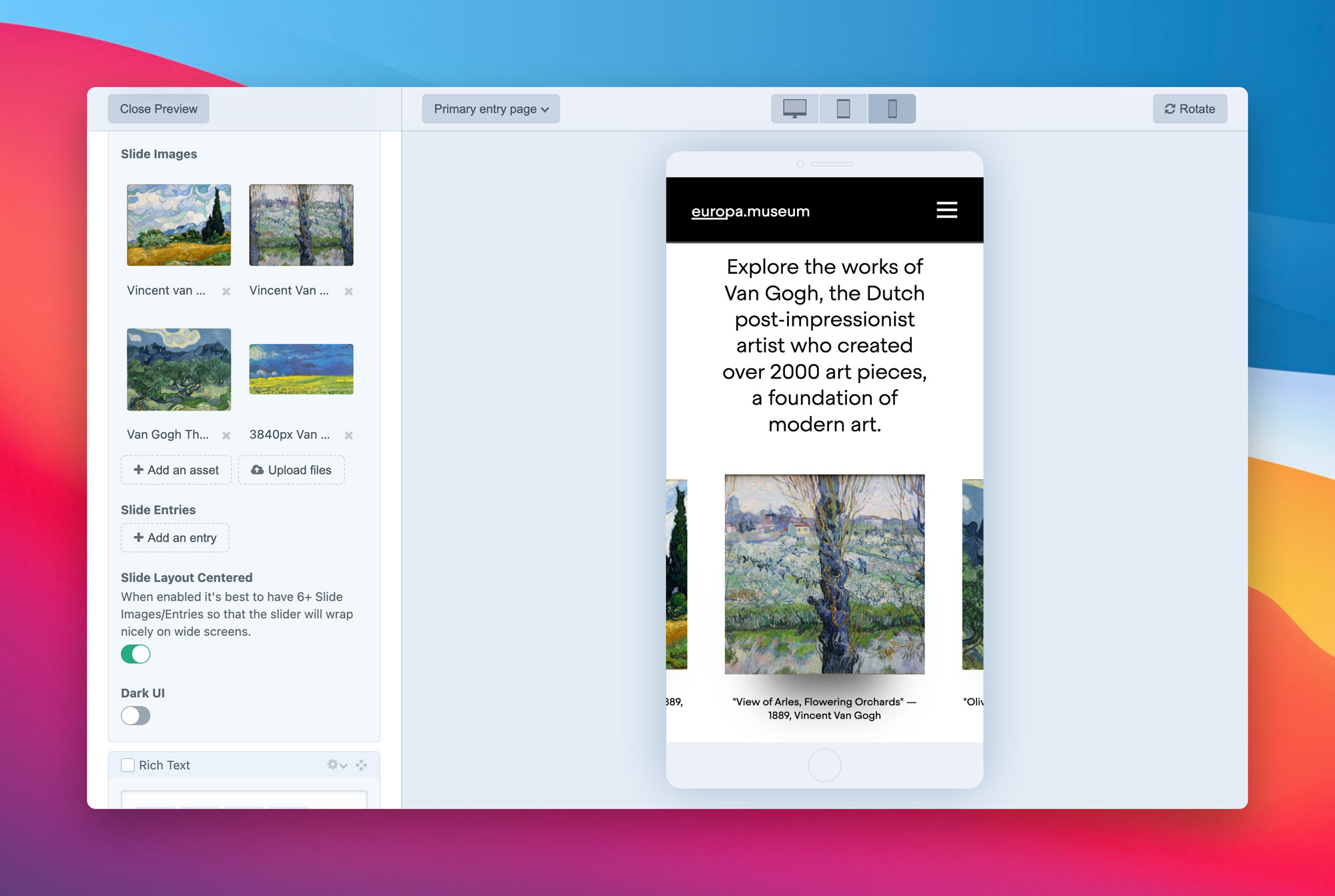 Live Preview in Craft 3.6, with the phone viewport selected