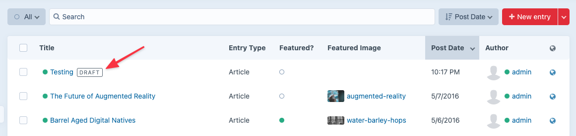 An entry listing, showing a draft entry right alongside normal entries