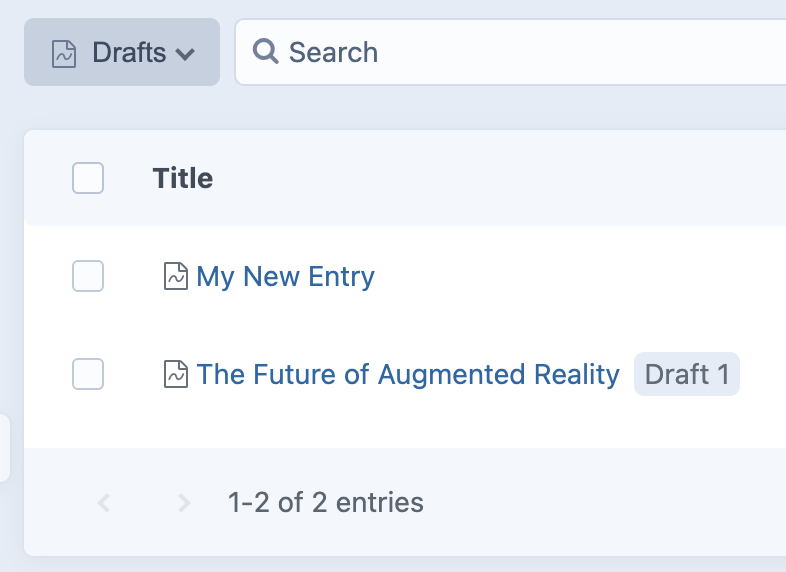 The Entries index, filtered to show drafts