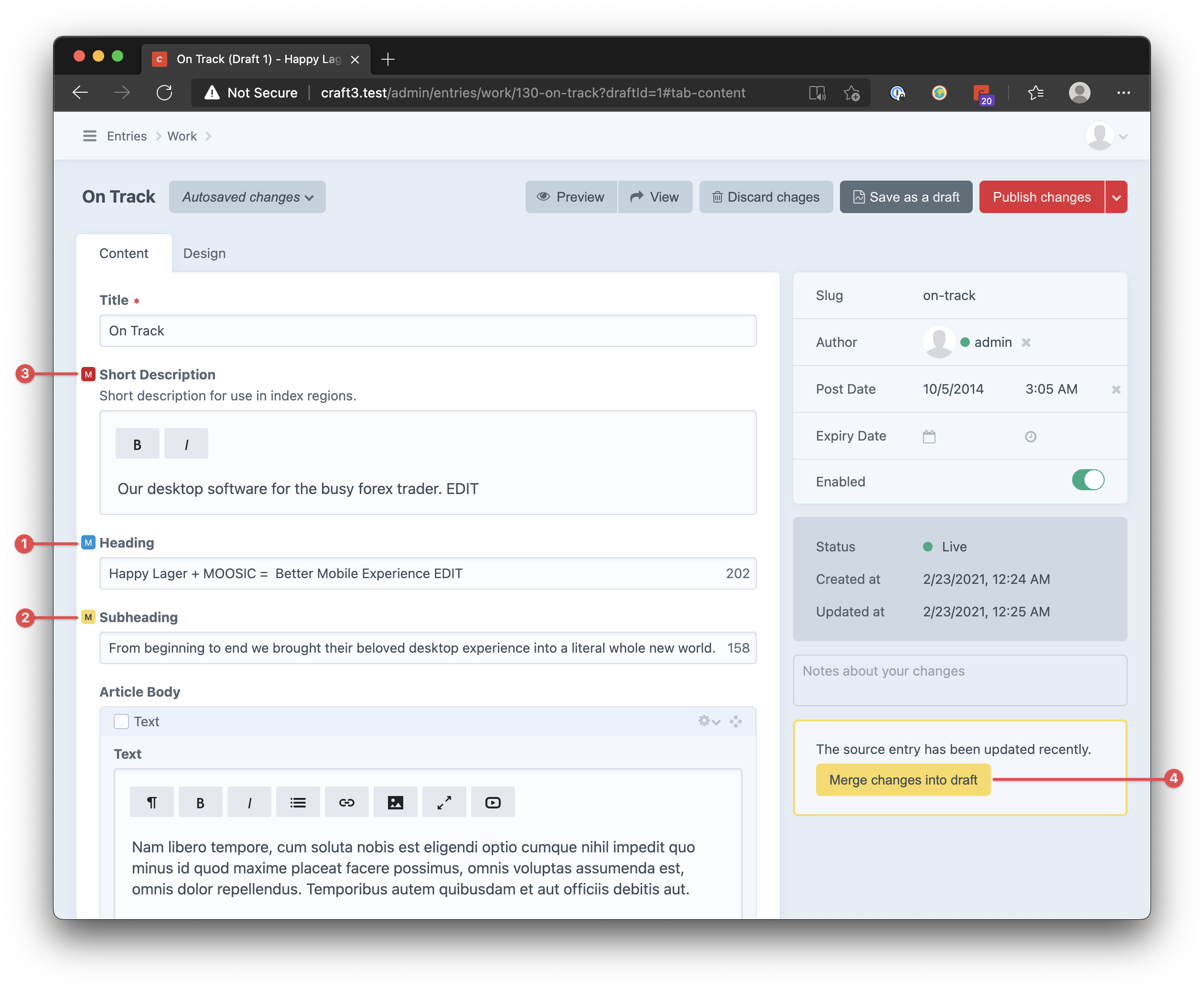 An Edit Entry page loaded to an autosaved draft, showing how the fields reveal their current state as compared to the Current revision of the entry