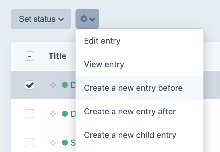 The action menu for an entry in a Structure section, showing new “Create a new entry before” and “Create a new entry after” options