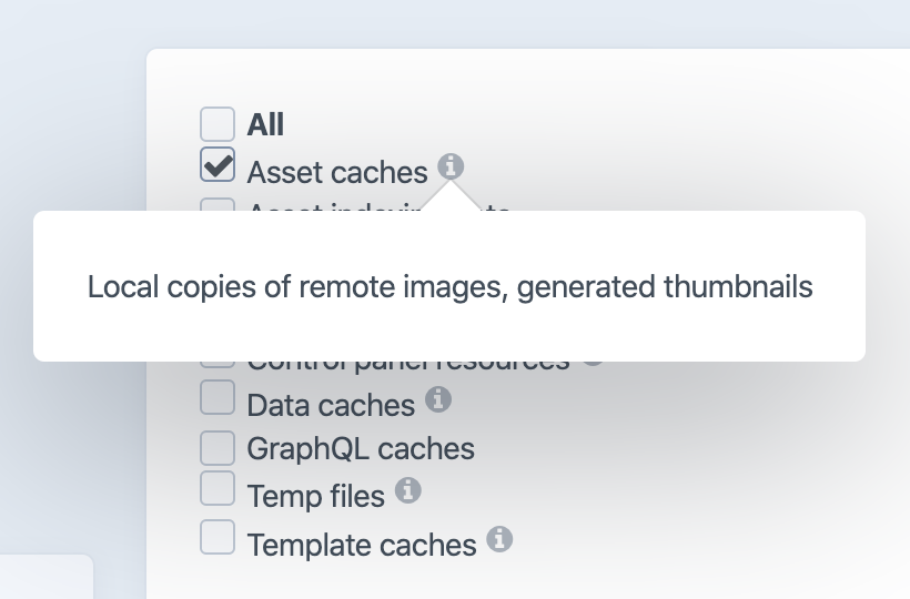 The Clear Caches utility with an info heads-up display shown for “Asset caches”
