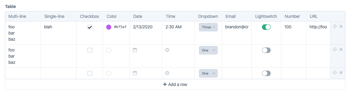 A Table field with a lot of column types, all vertically top-aligned