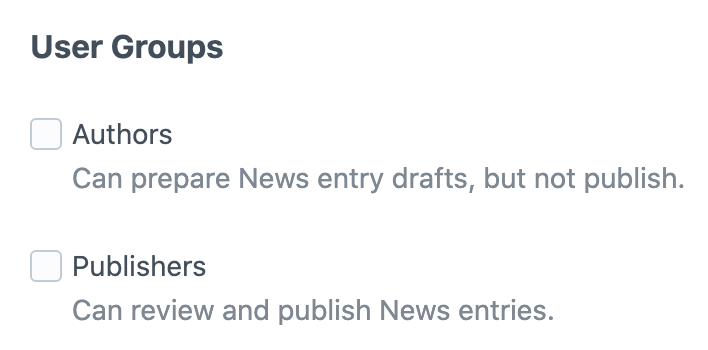 A list of user groups with description